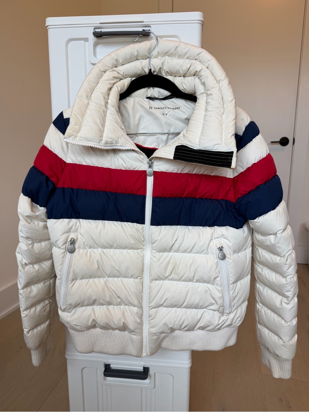 Perfect Moment White Puffer Jacket with Navy and Red Stripes